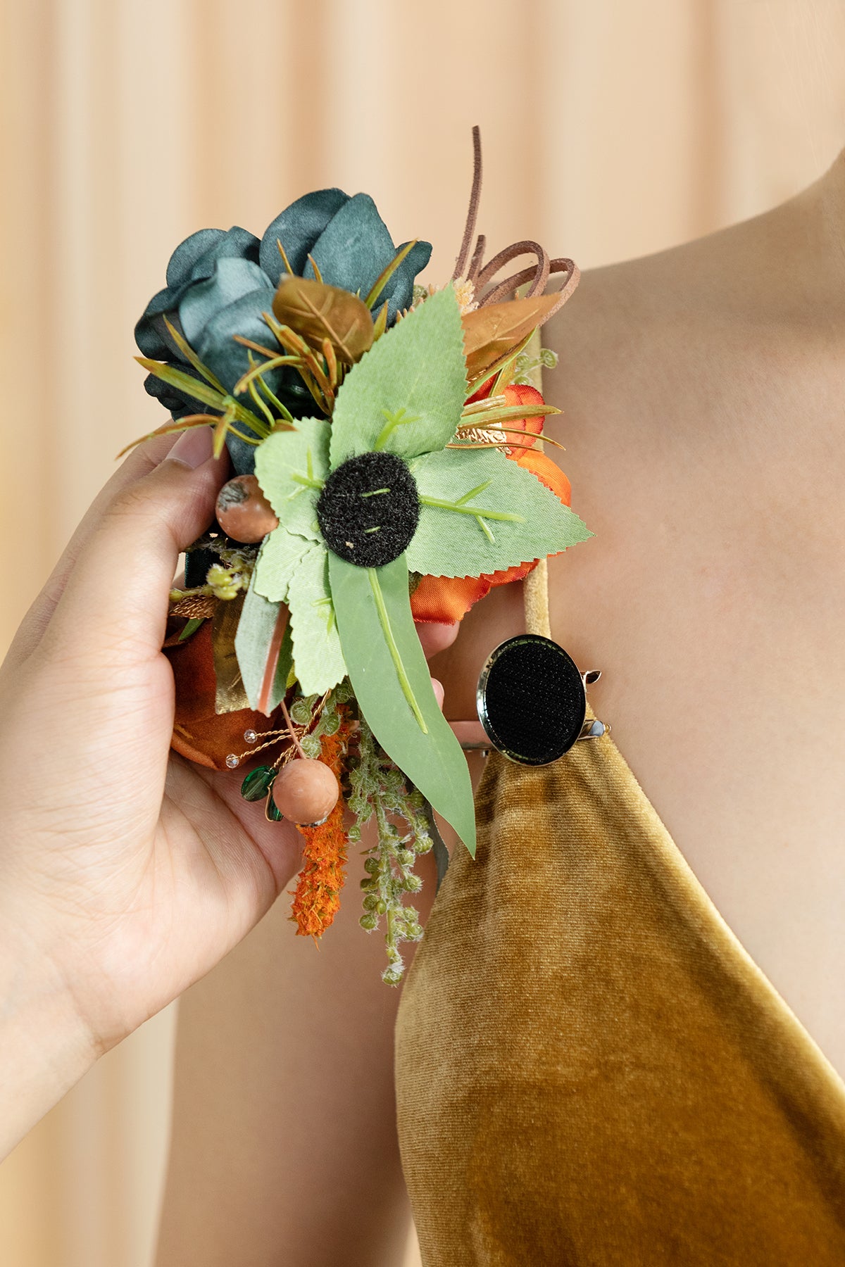 Wrist and Shoulder Corsages in Dark Teal & Burnt Orange | Clearance