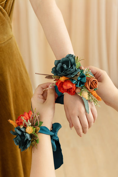 Wrist and Shoulder Corsages in Dark Teal & Burnt Orange | Clearance