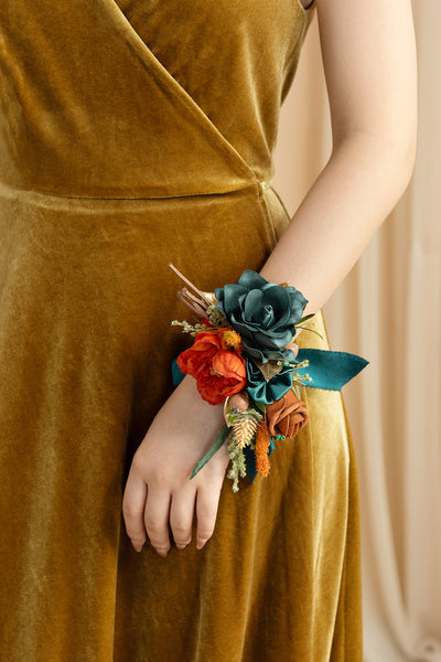 Wrist and Shoulder Corsages in Dark Teal & Burnt Orange | Clearance