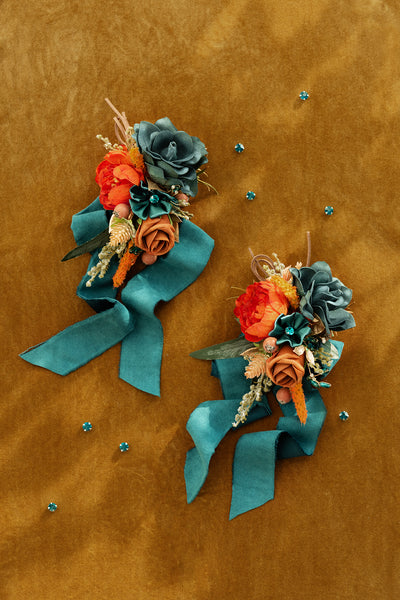 Wrist and Shoulder Corsages in Dark Teal & Burnt Orange | Clearance