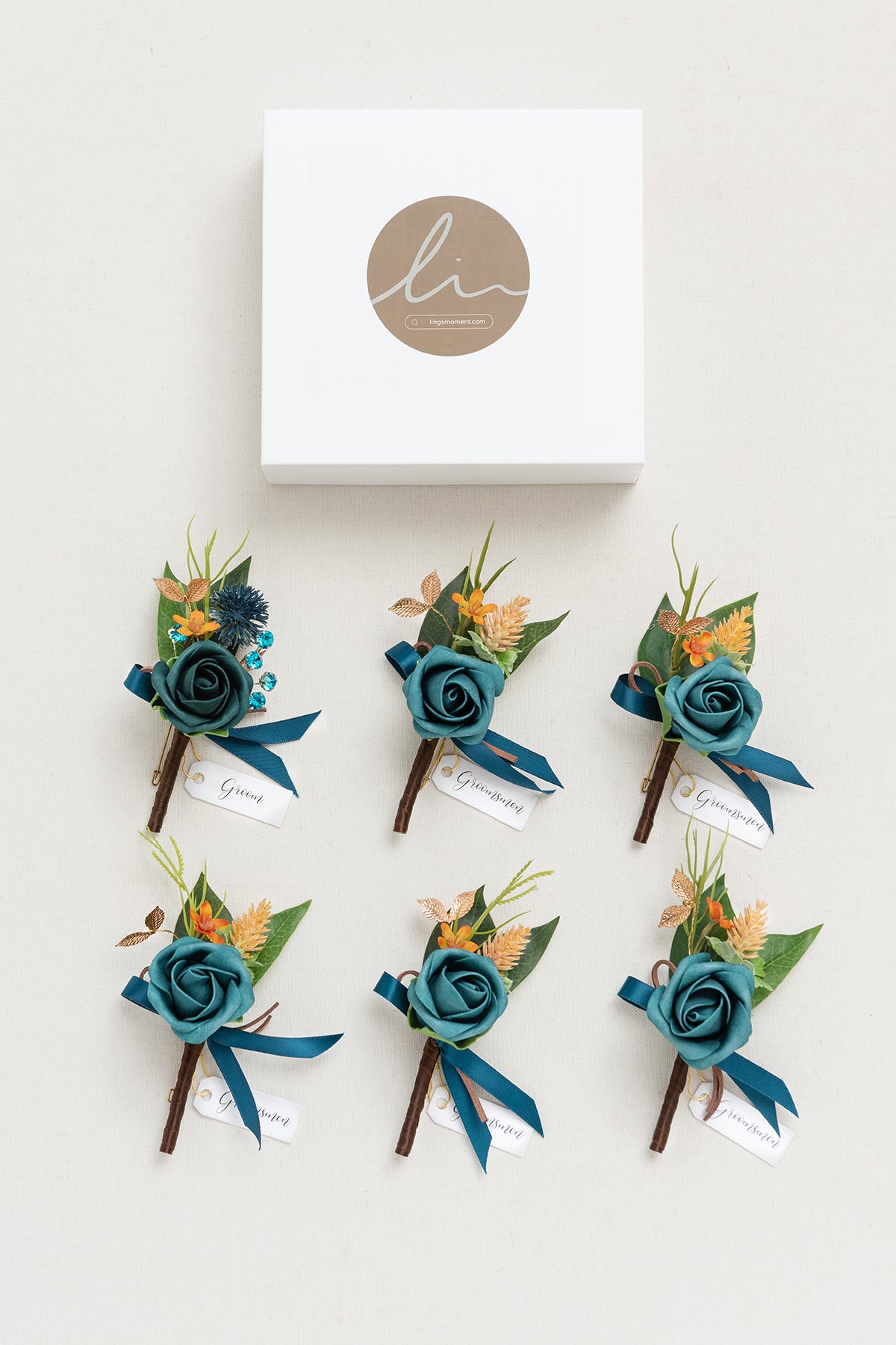 Boutonnieres in Dark Teal & Burnt Orange