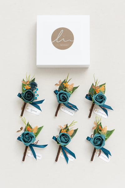 Boutonnieres in Dark Teal & Burnt Orange