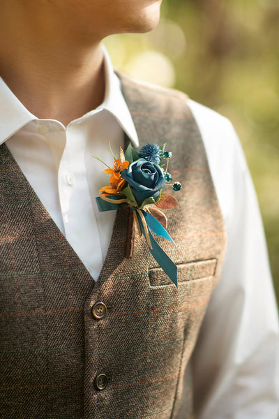 Boutonnieres in Dark Teal & Burnt Orange