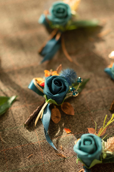 Boutonnieres in Dark Teal & Burnt Orange