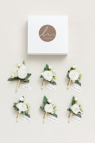 Boutonnieres in White & Sage