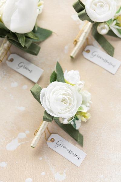 Boutonnieres in White & Sage