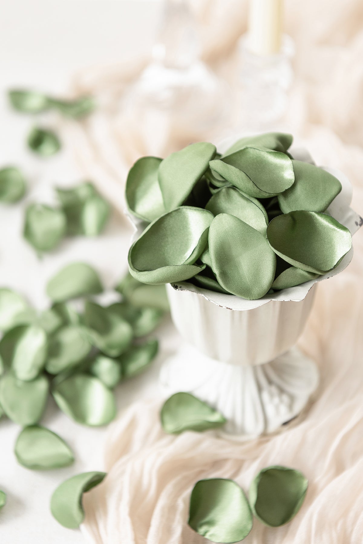 Silk Rose Petals in White & Sage