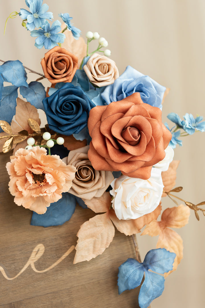 Deluxe Combo Set Flower Sign Decor in Russet Orange & Denim Blue | Clearance