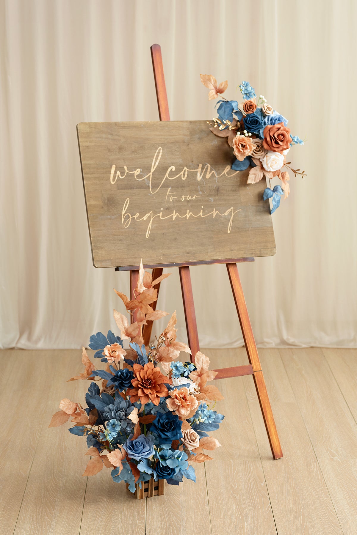 Deluxe Combo Set Flower Sign Decor in Russet Orange & Denim Blue | Clearance