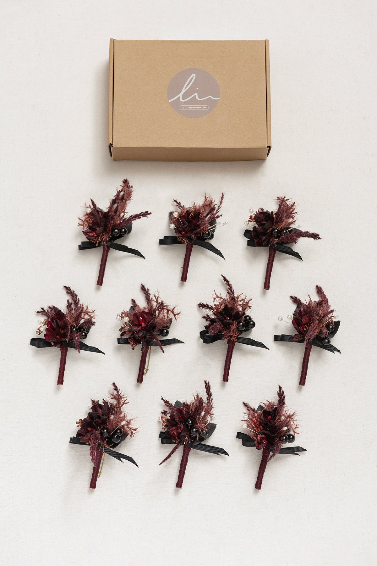 Boutonnieres for Guests in Moody Burgundy & Black | Clearance