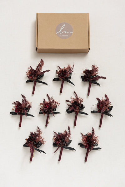 Boutonnieres for Guests in Moody Burgundy & Black | Clearance