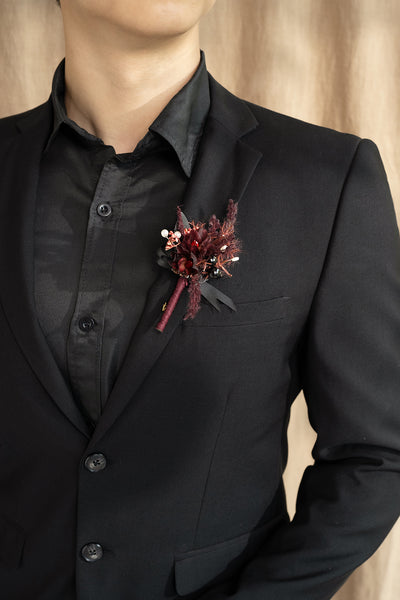 Boutonnieres for Guests in Moody Burgundy & Black | Clearance