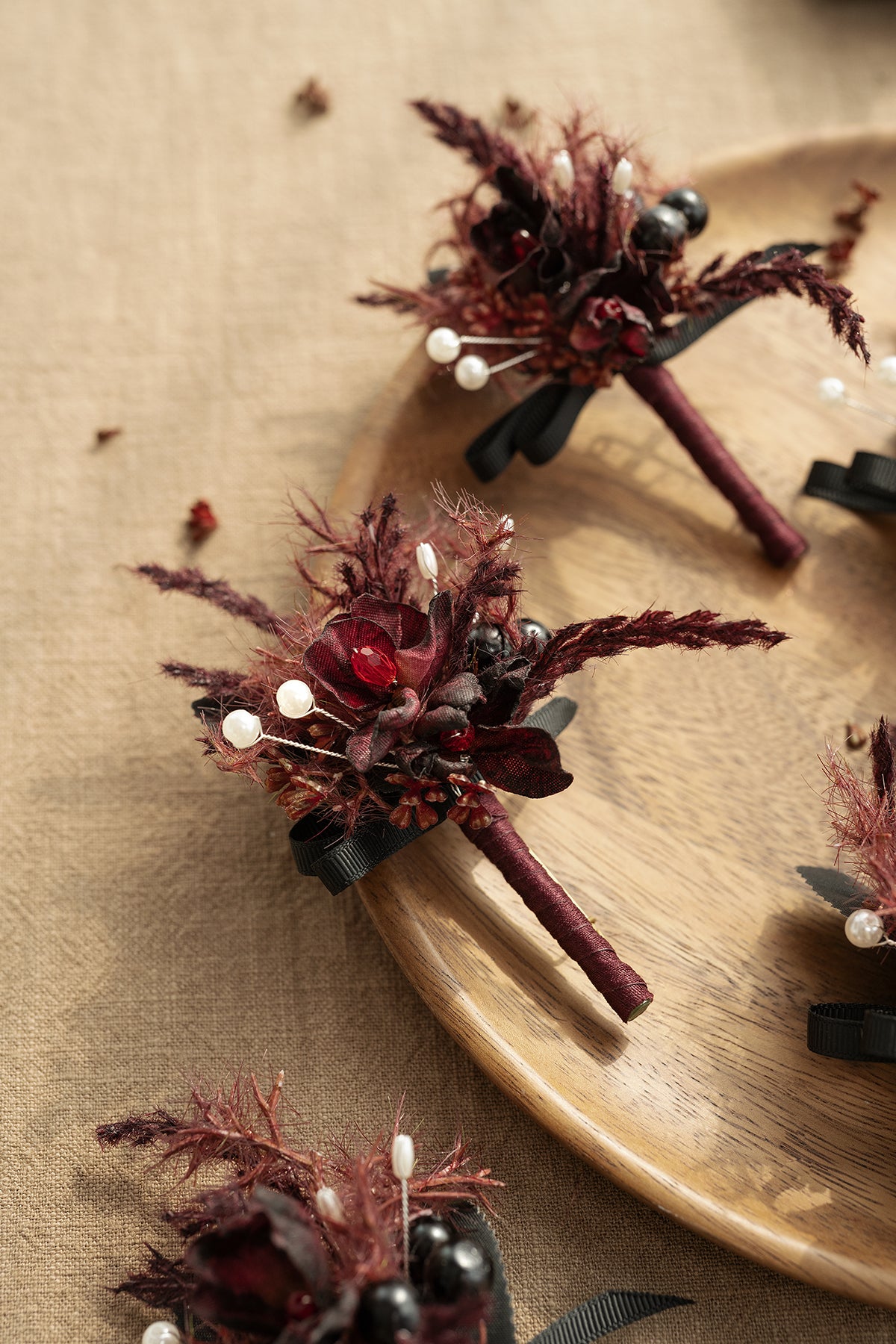 Boutonnieres for Guests in Moody Burgundy & Black | Clearance