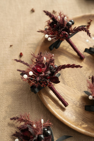 Boutonnieres for Guests in Moody Burgundy & Black | Clearance