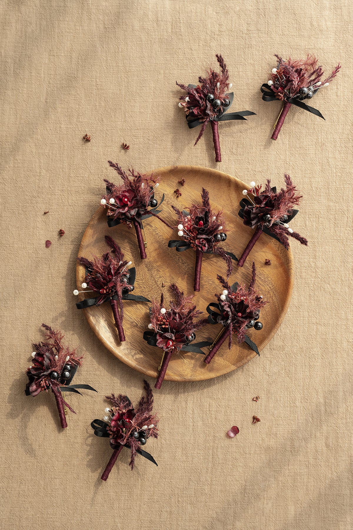 Boutonnieres for Guests in Moody Burgundy & Black | Clearance