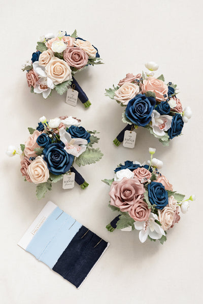 Round Bridesmaid Bouquets in Dusty Rose & Navy