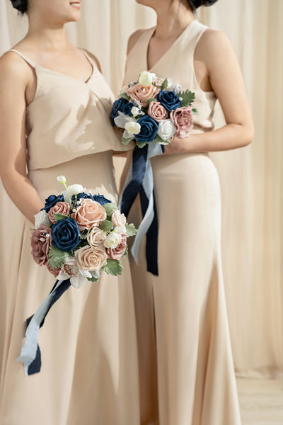 Round Bridesmaid Bouquets in Dusty Rose & Navy