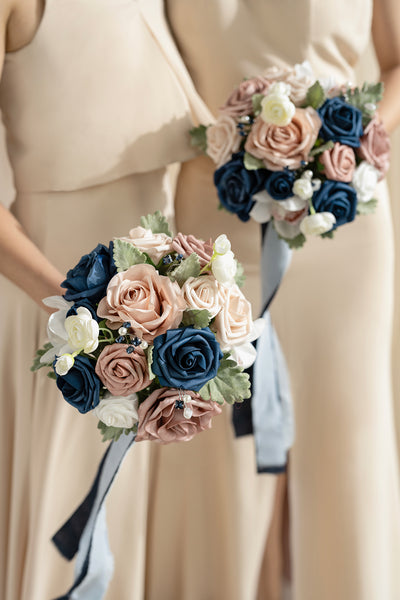 Round Bridesmaid Bouquets in Dusty Rose & Navy
