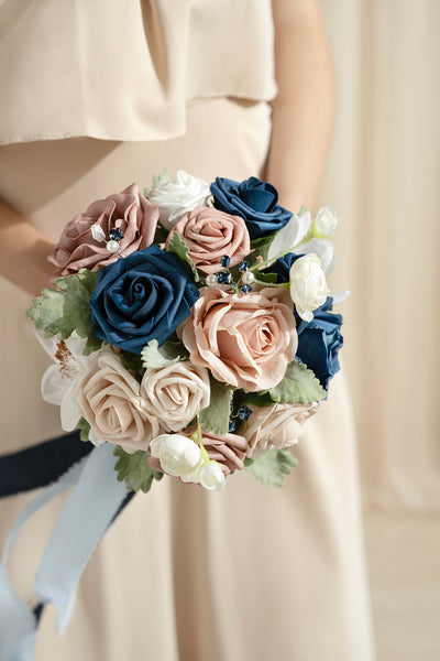 Round Bridesmaid Bouquets in Dusty Rose & Navy