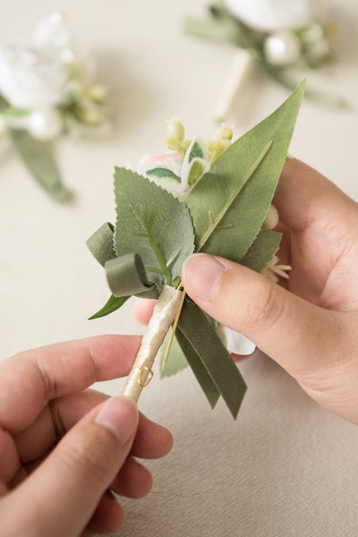 Boutonnieres in White & Sage