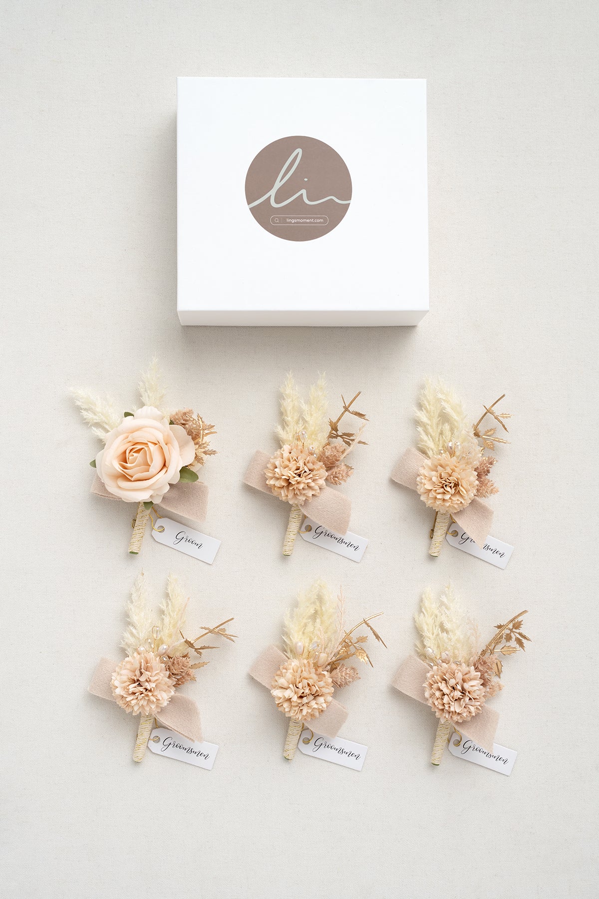 Boutonnieres in White & Beige (Set of 6)