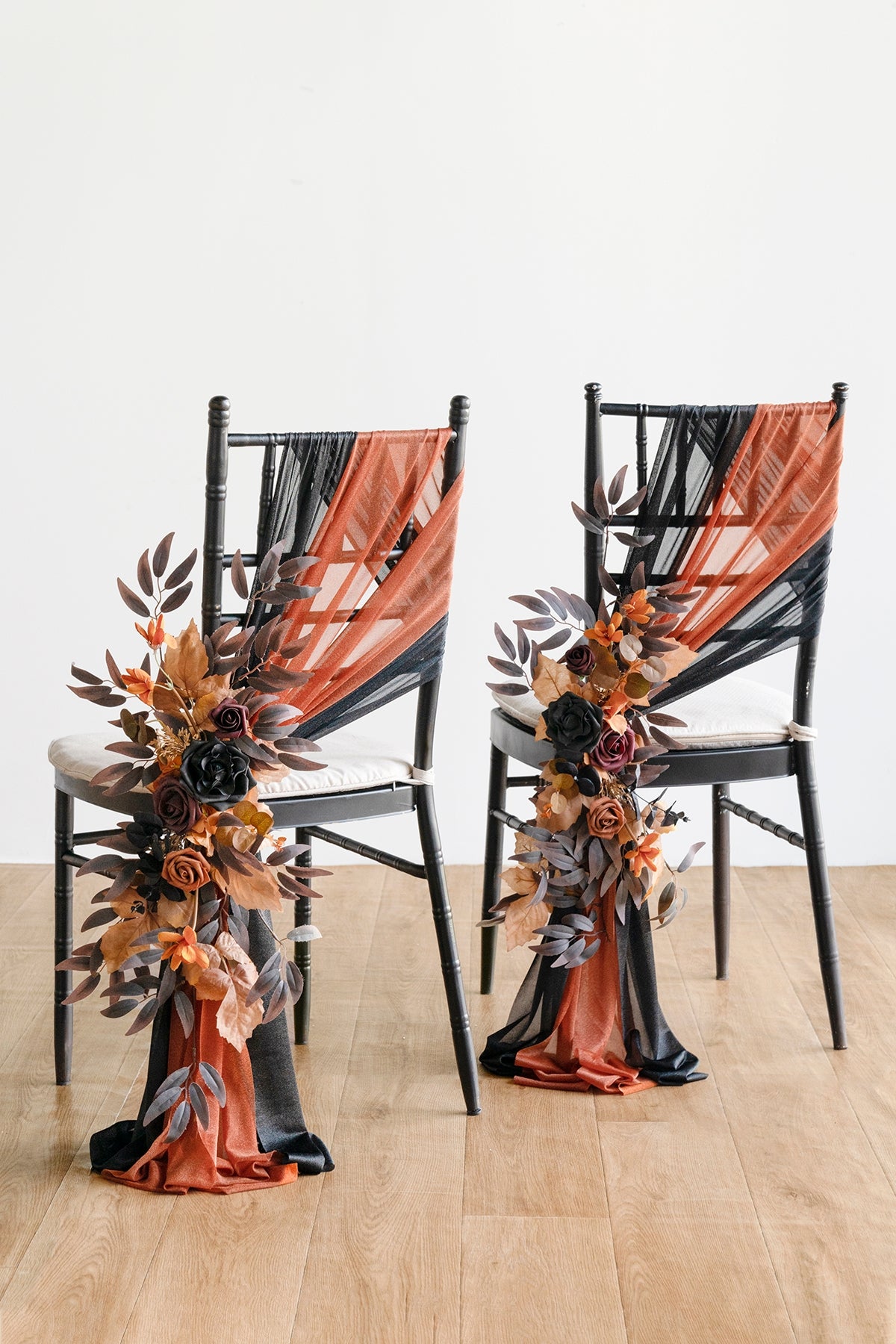 Wedding Aisle Chair Flower Decoration in Black & Pumpkin Orange