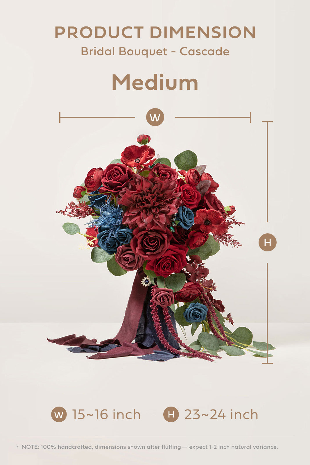 Medium Cascade Bridal Bouquet in Burgundy & Navy