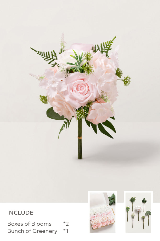 DIY Bridesmaid Bouquet Kit (Set of 4) - Blush & White with  Dark Green Mixed Greenery