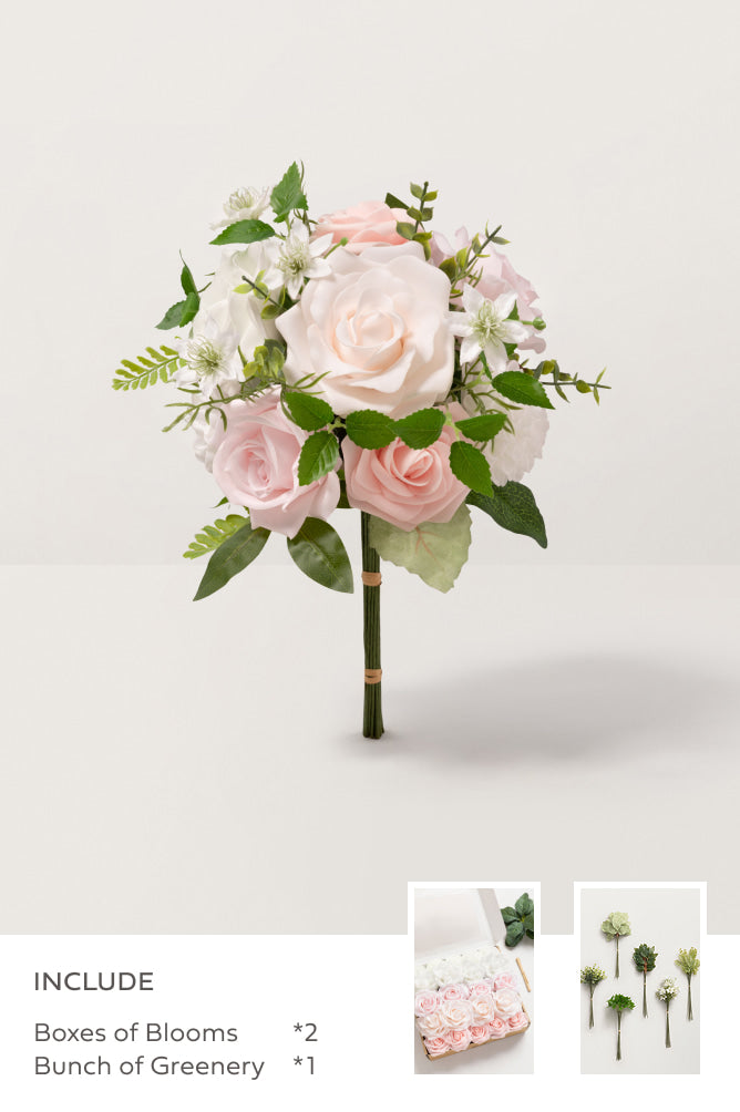 DIY Bridesmaid Bouquet Kit (Set of 4) - Blush & White with Sage Mixed Greenery