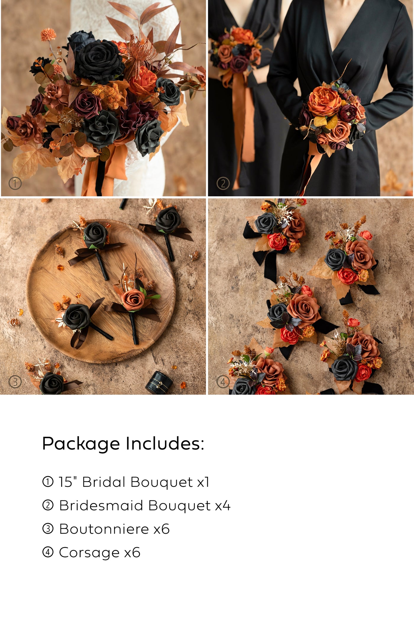 Pre-Arranged Wedding Flower Packages in Black & Pumpkin Orange