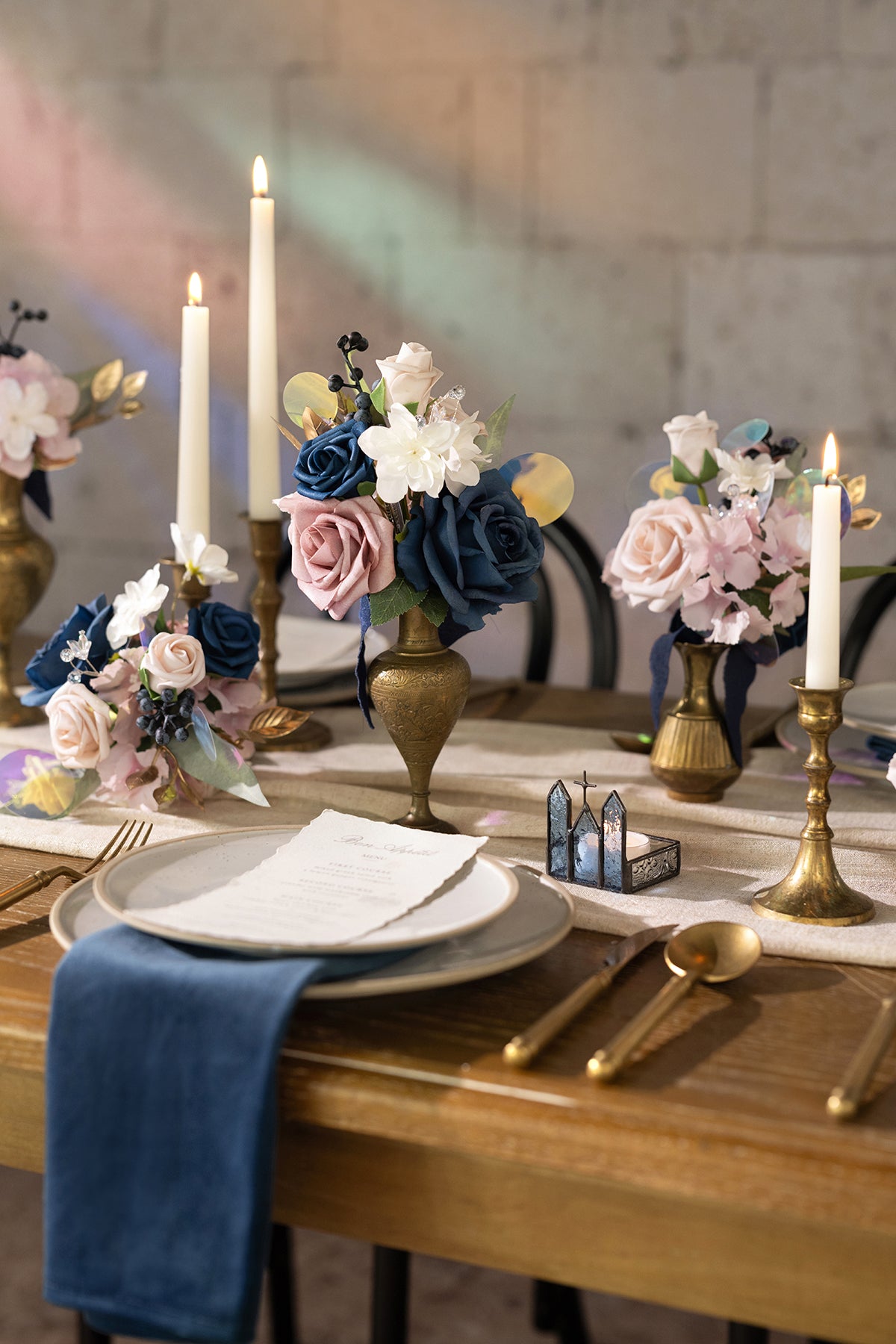 Rose gold and navy blue table setting on sale