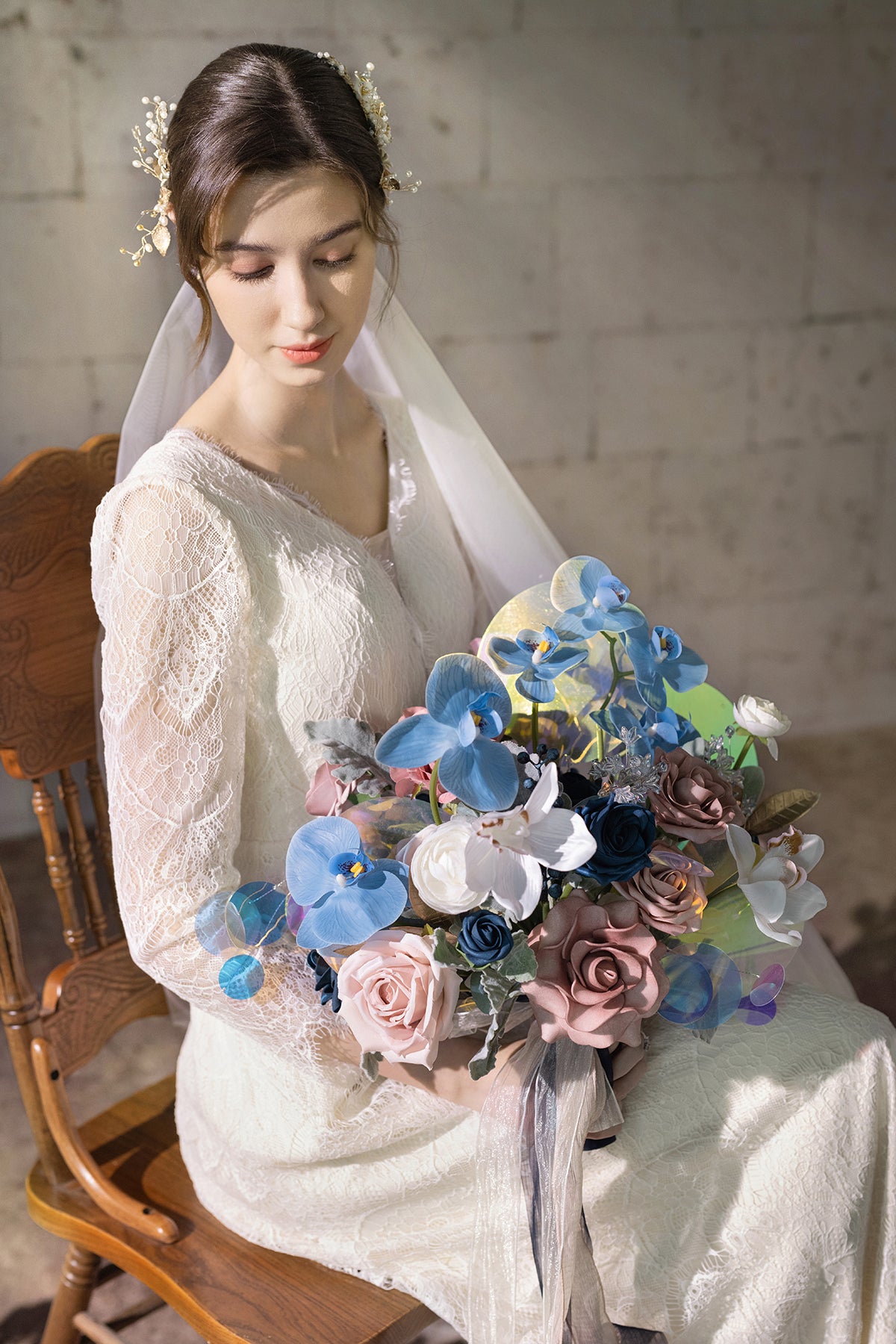 Medium Free-Form Bridal Bouquet in Dusty Rose & Navy | Clearance