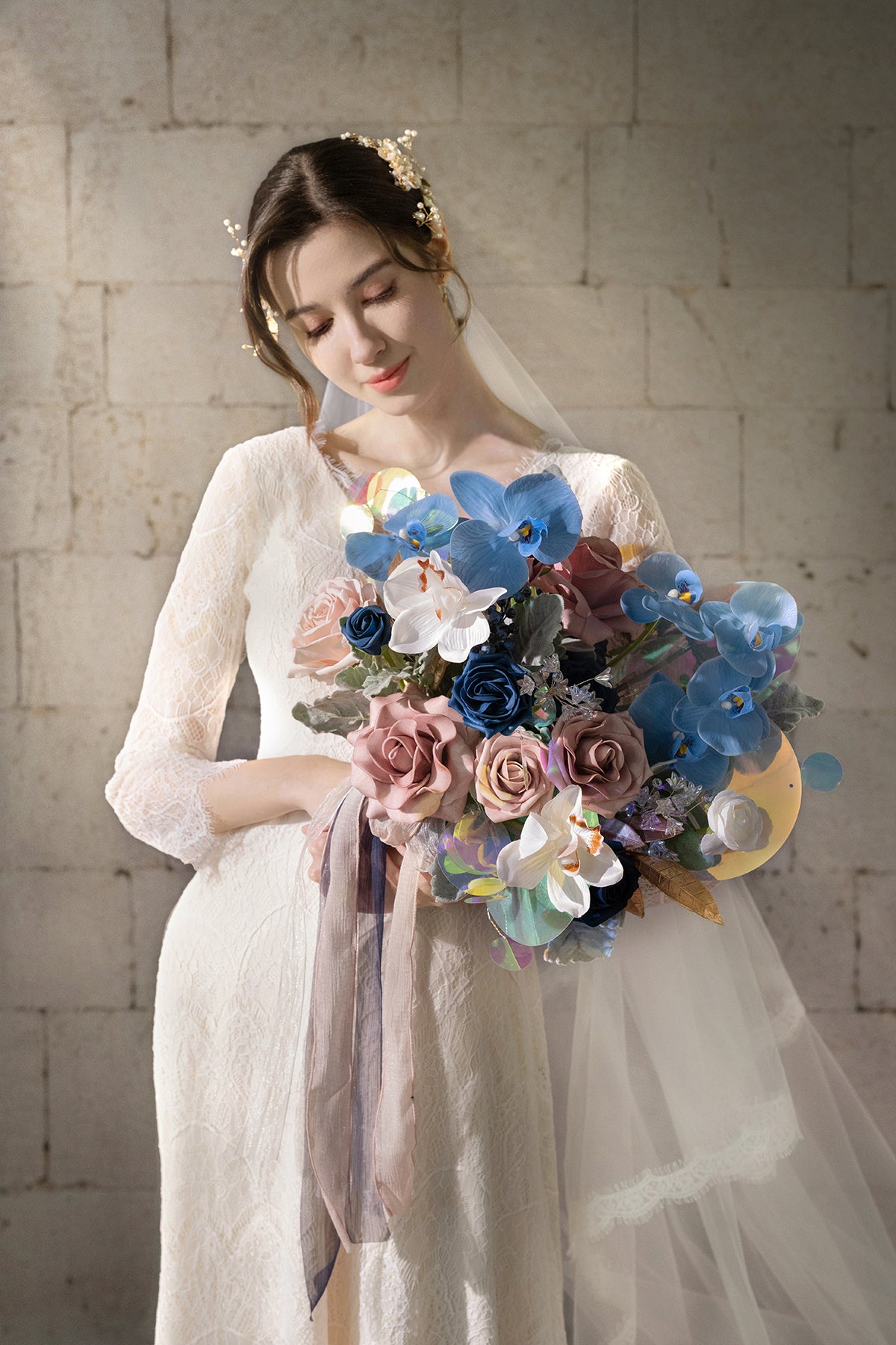 Medium Free-Form Bridal Bouquet in Dusty Rose & Navy | Clearance