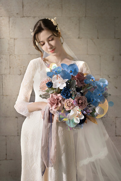 Medium Free-Form Bridal Bouquet in Dusty Rose & Navy | Clearance