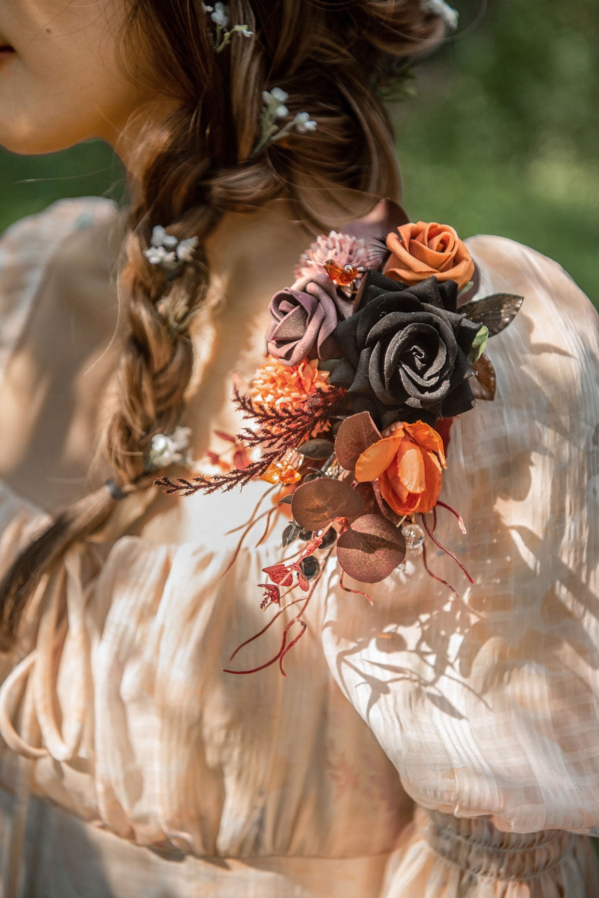 Shoulder Corsages in Twilight Purple & Harvest Orange | Clearance