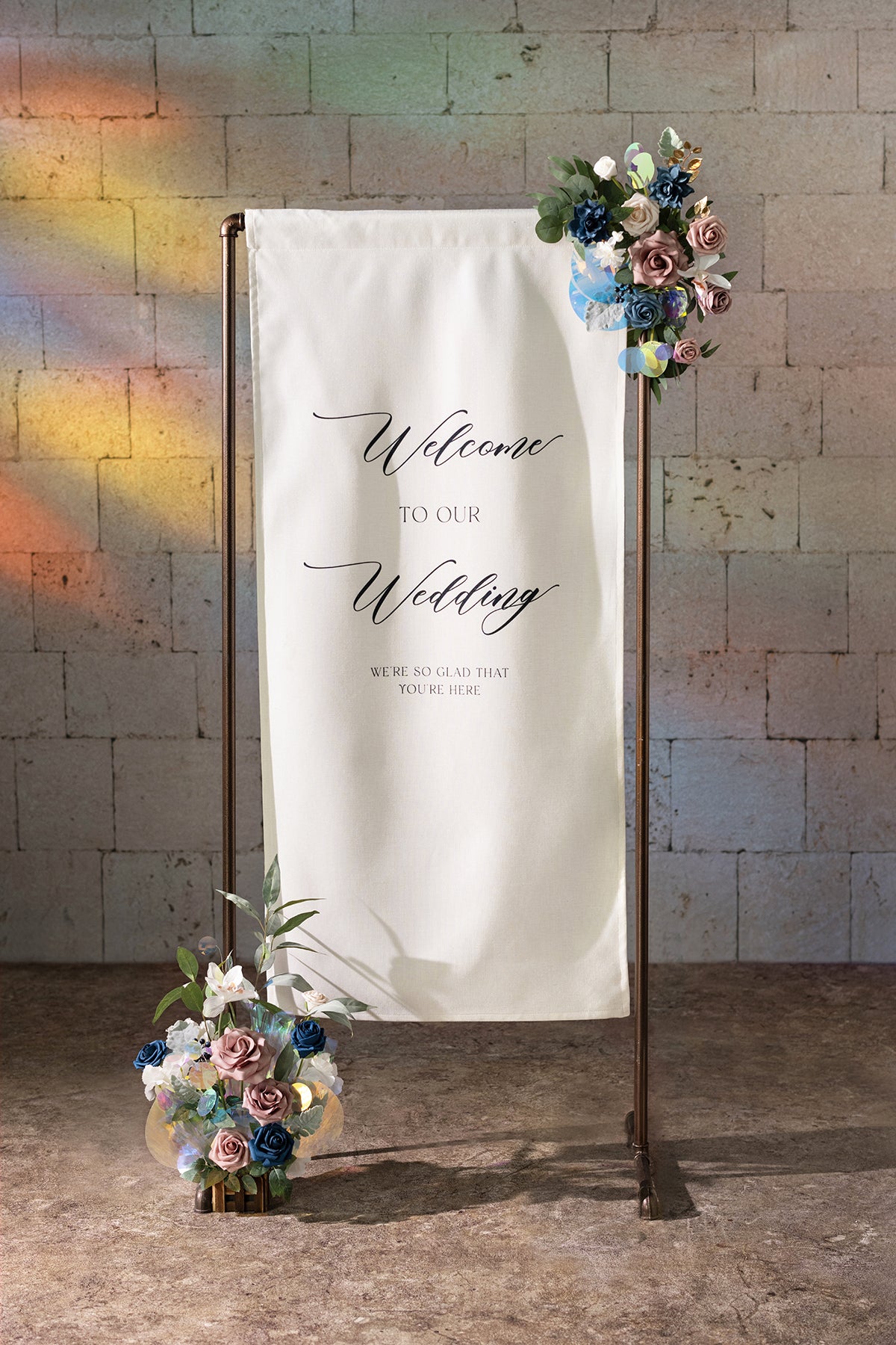 Sign Flower Swag & Free-Standing Flowers in Dusty Rose & Navy