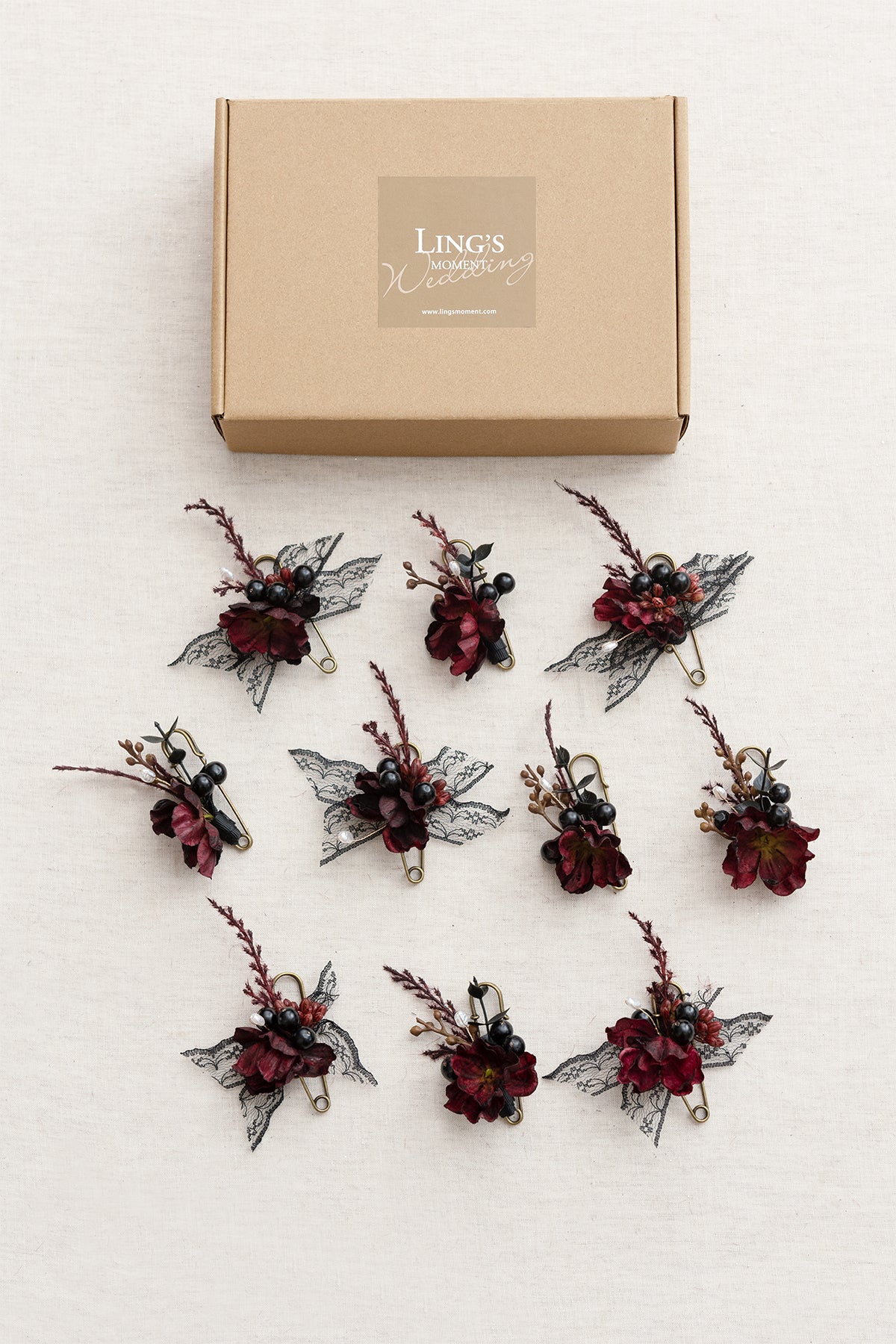 Boutonnieres for Guests in Moody Burgundy & Black