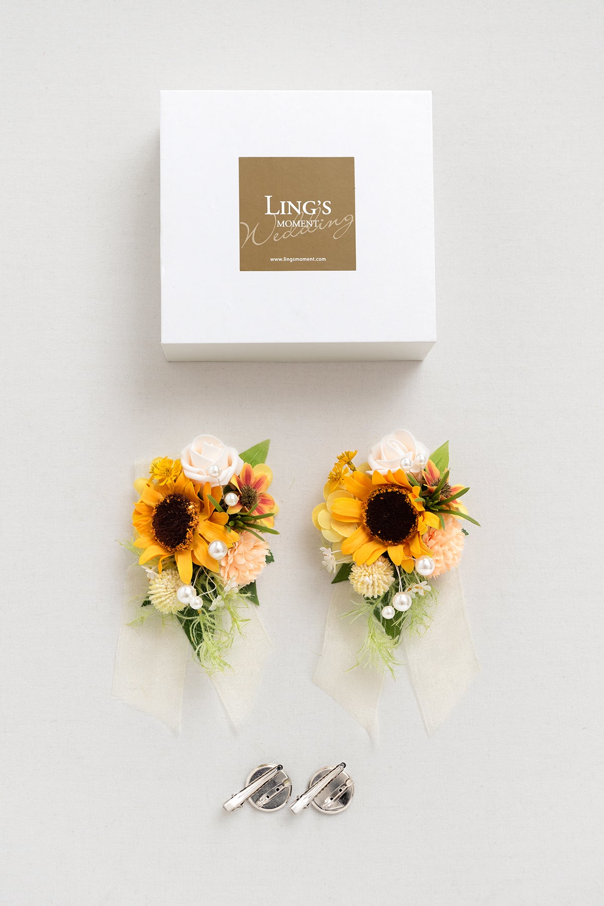 Wrist and Shoulder Corsages in Sunflower & Peach