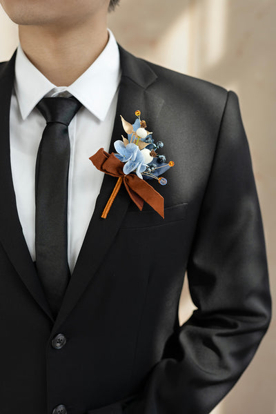 Boutonnieres for Guests in Russet Orange & Denim Blue
