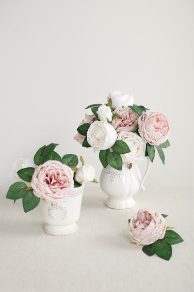 3.5" Silk Austin Rose & 3" Cabbage Rose with Stem - 3 Styles