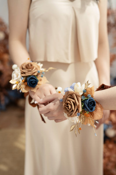 Wrist Corsages in Russet Orange & Denim Blue