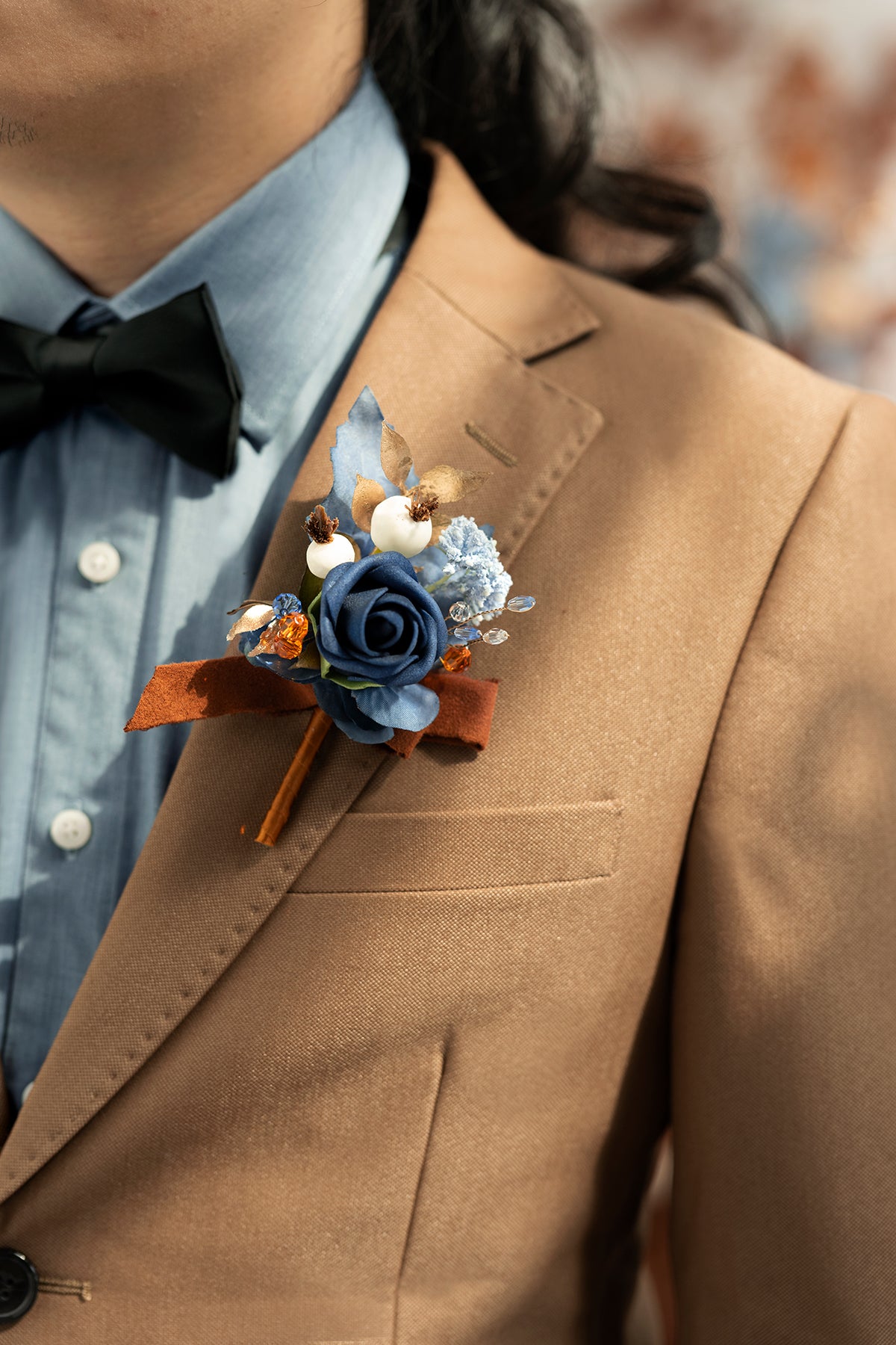 Boutonnieres in Russet Orange & Denim Blue