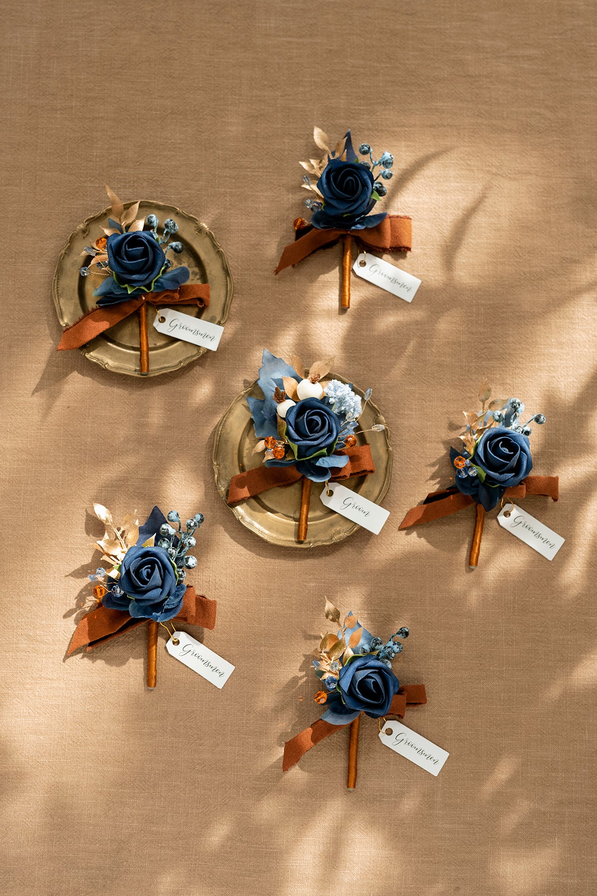 Boutonnieres in Russet Orange & Denim Blue