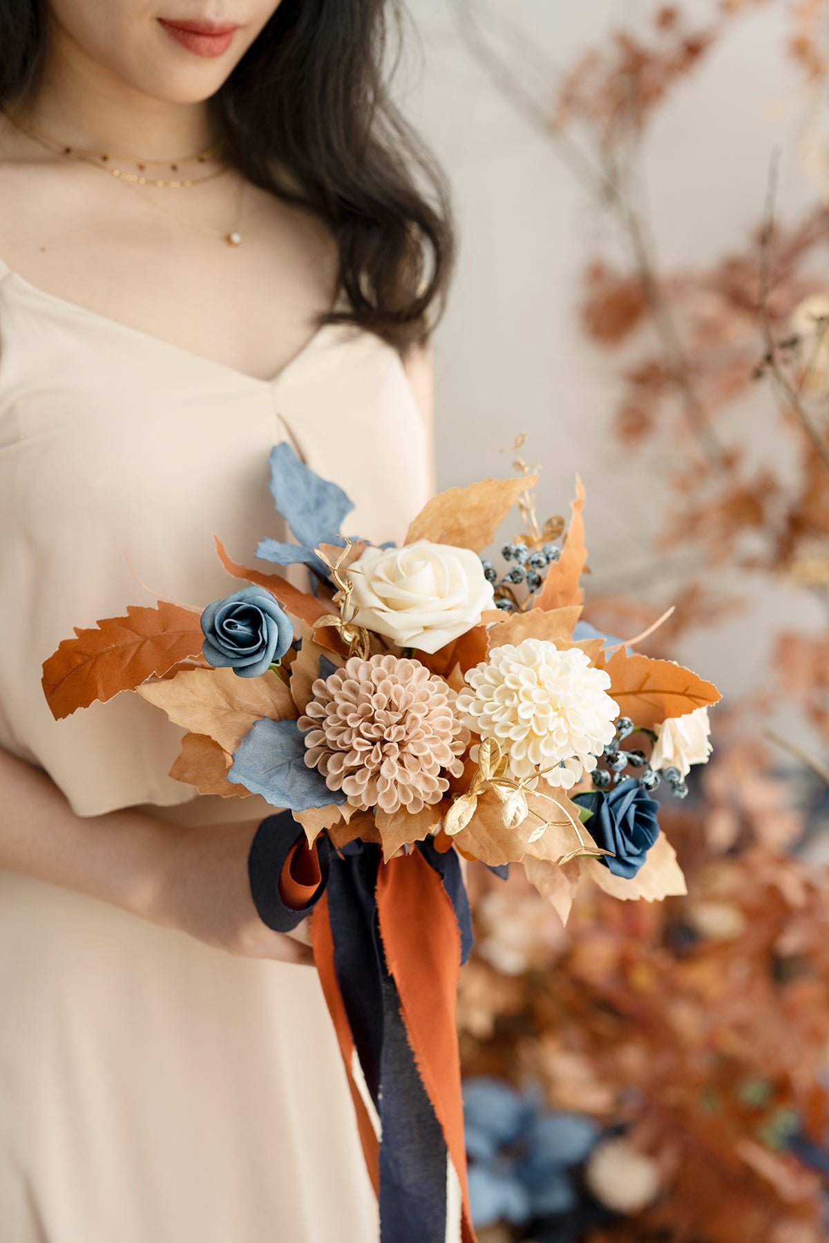 Bridesmaid Posy in Russet Orange & Denim Blue | Clearance