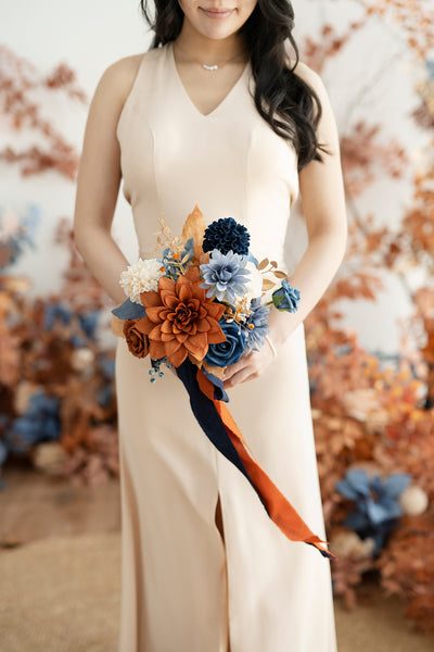 Round Bridesmaid Bouquets in Russet Orange & Denim Blue