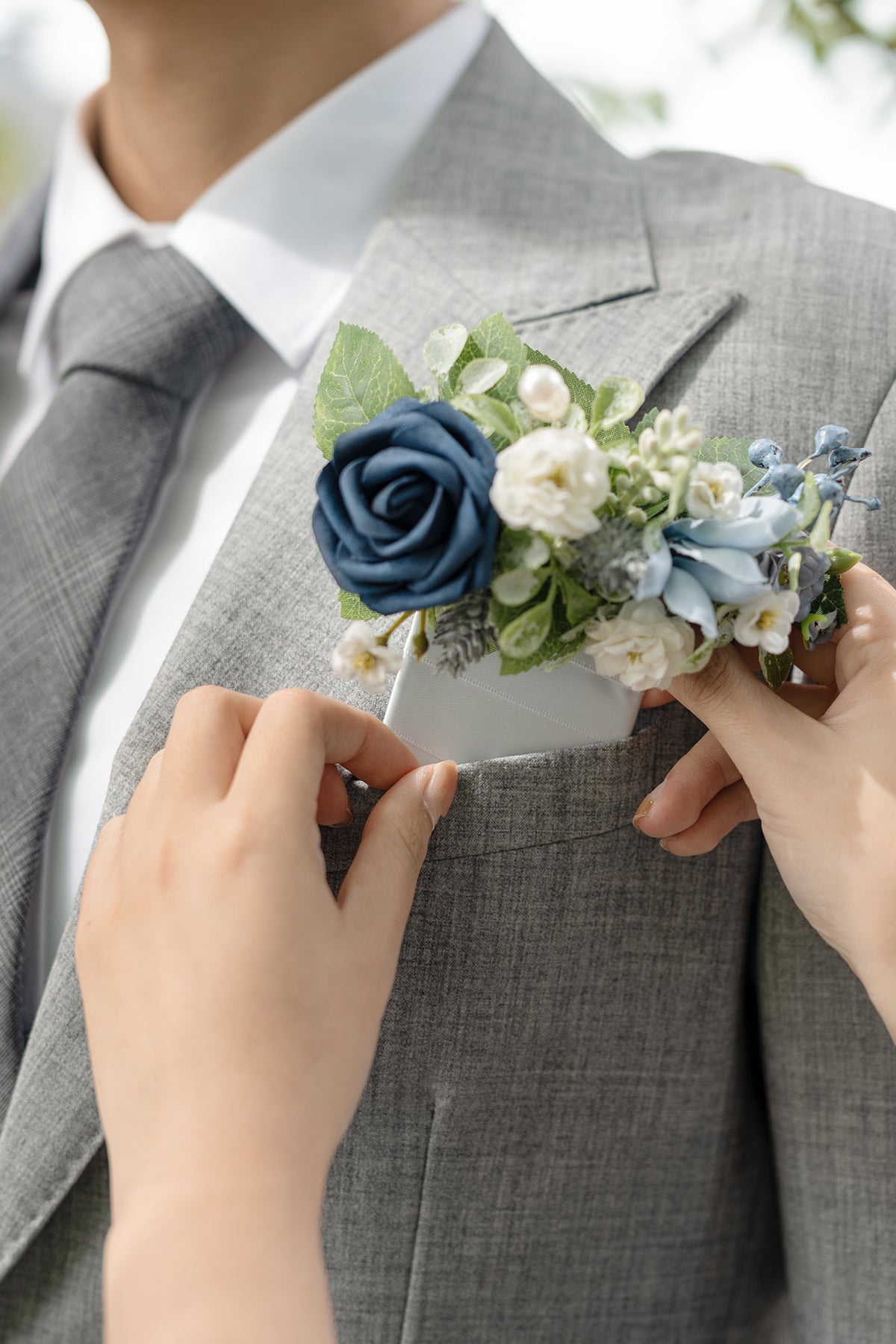 Pocket Square Boutonniere for Groom in Dusty Blue & Navy