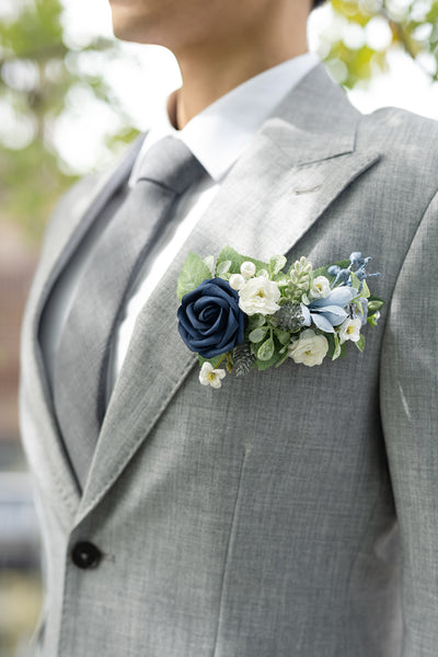Pocket Square Boutonniere for Groom in Dusty Blue & Navy