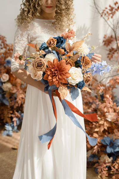 Small Free-Form Bridal Bouquet in Russet Orange & Denim Blue