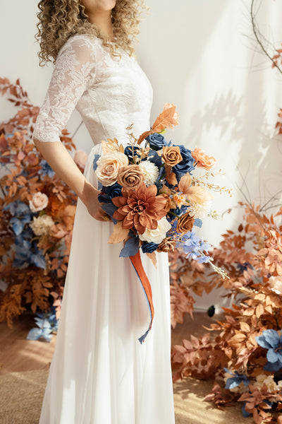 Small Free-Form Bridal Bouquet in Russet Orange & Denim Blue