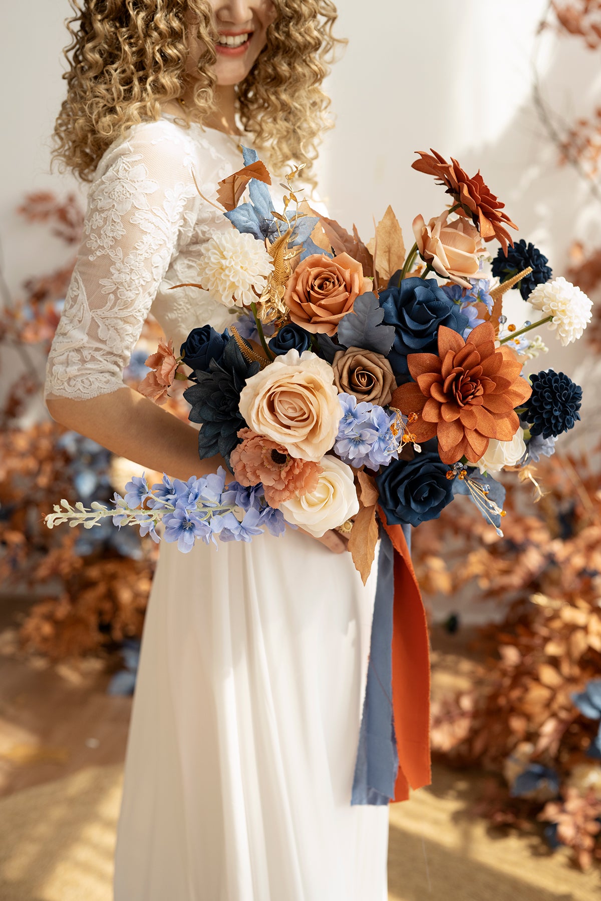 Medium Free-Form Bridal Bouquet in Russet Orange & Denim Blue